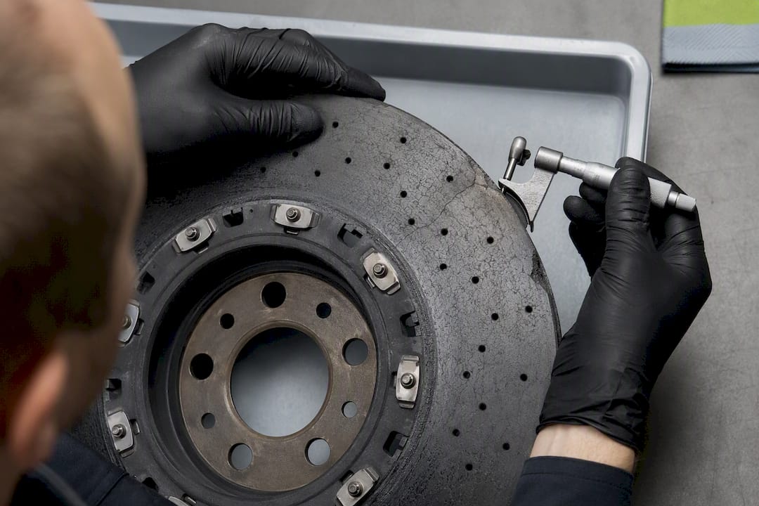 Technician checking cracked carbon ceramic rotor
