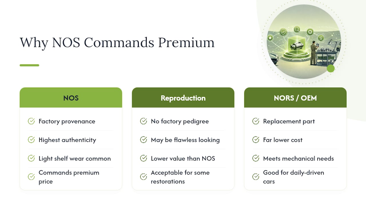 Why Collectors and Restorers Pay a Premium for NOS — overview diagram