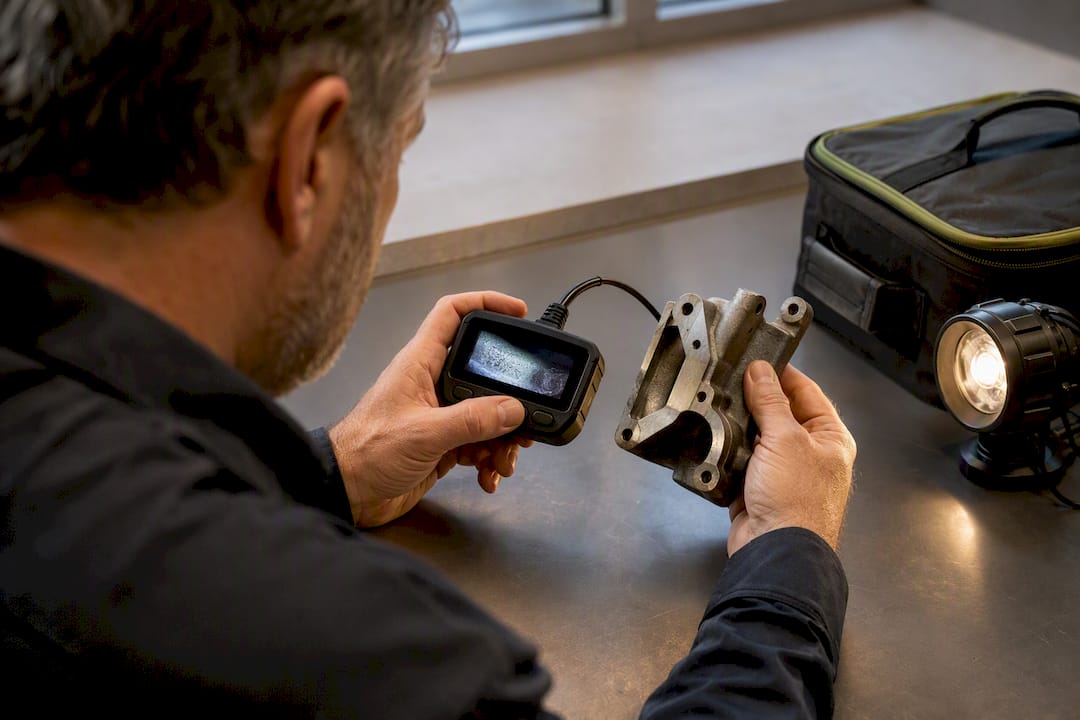 Restorer photographing a component casting number