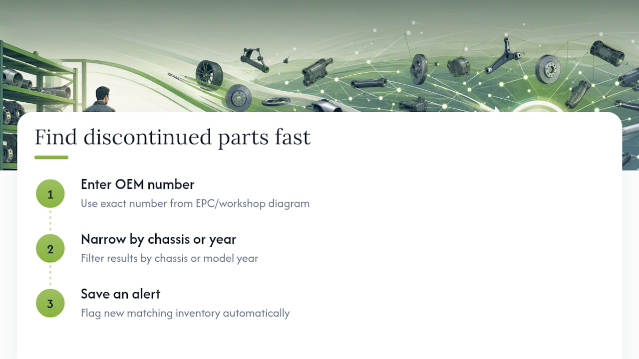Three-step OEM parts search workflow