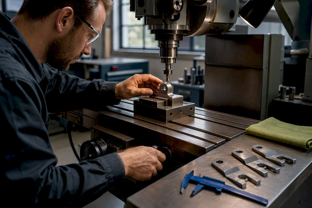 Machinist fabricating a replacement metal bracket