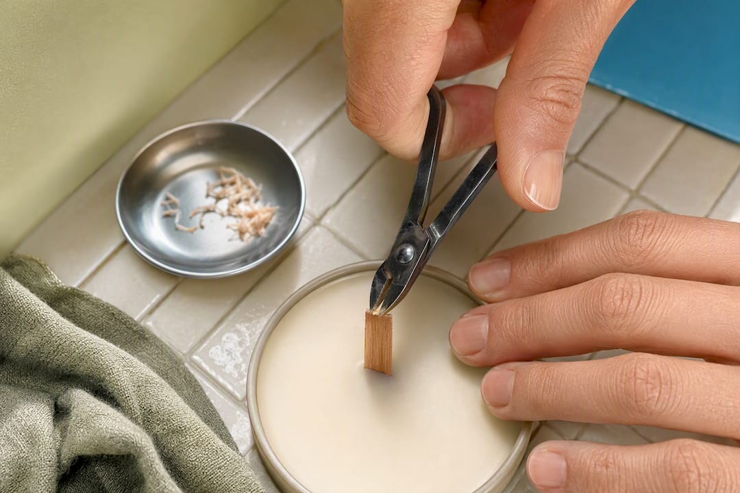 Hands trimming a frayed wood candle wick