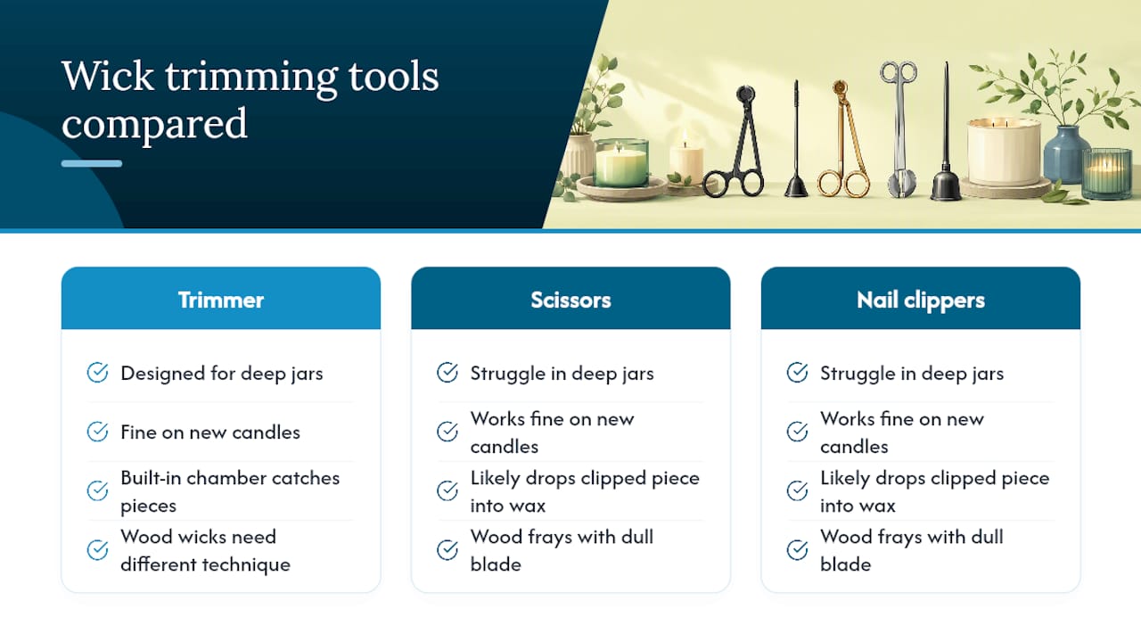 Comparison of three candle wick trimming tools
