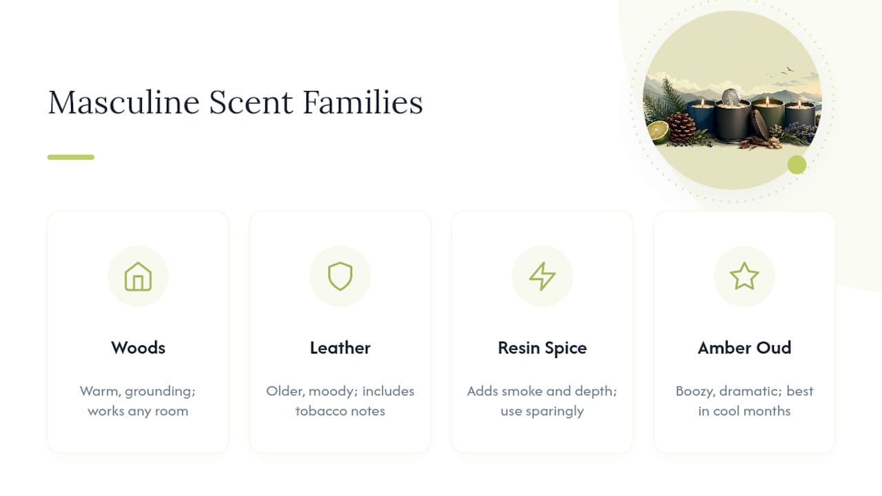 Four masculine candle scent families compared