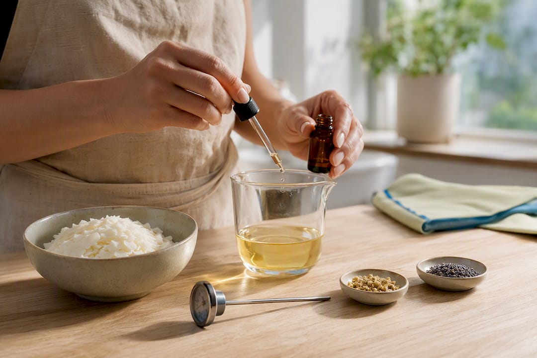 Hands blending fragrance oil with soy wax