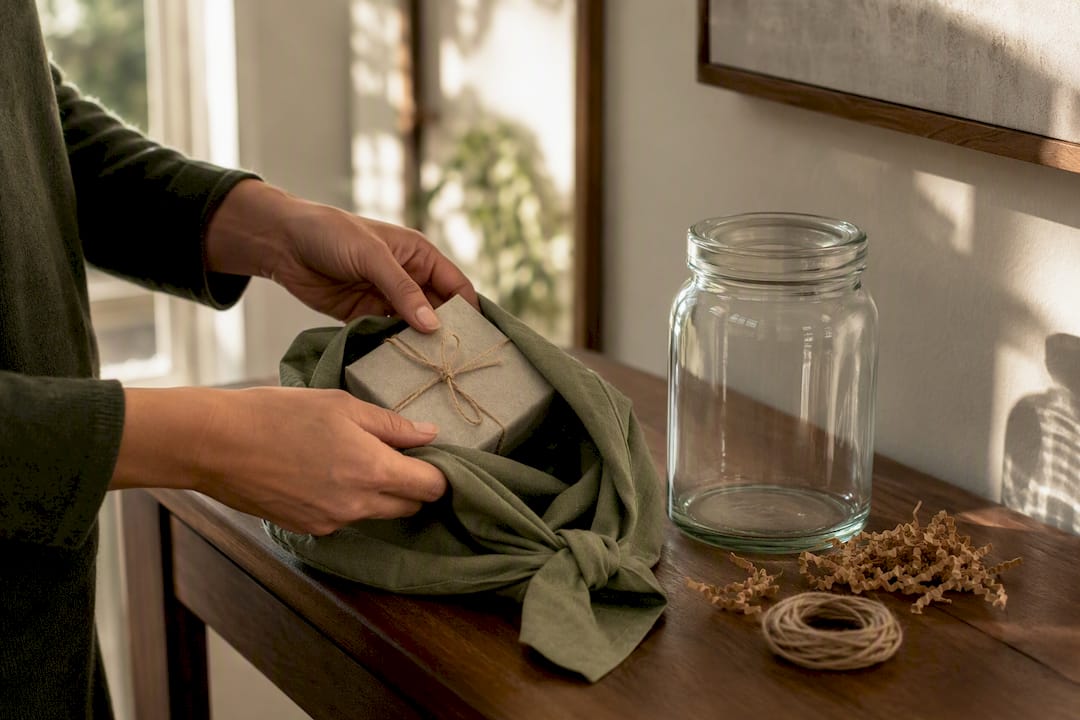 Reusable cloth wrap and glass gift packaging