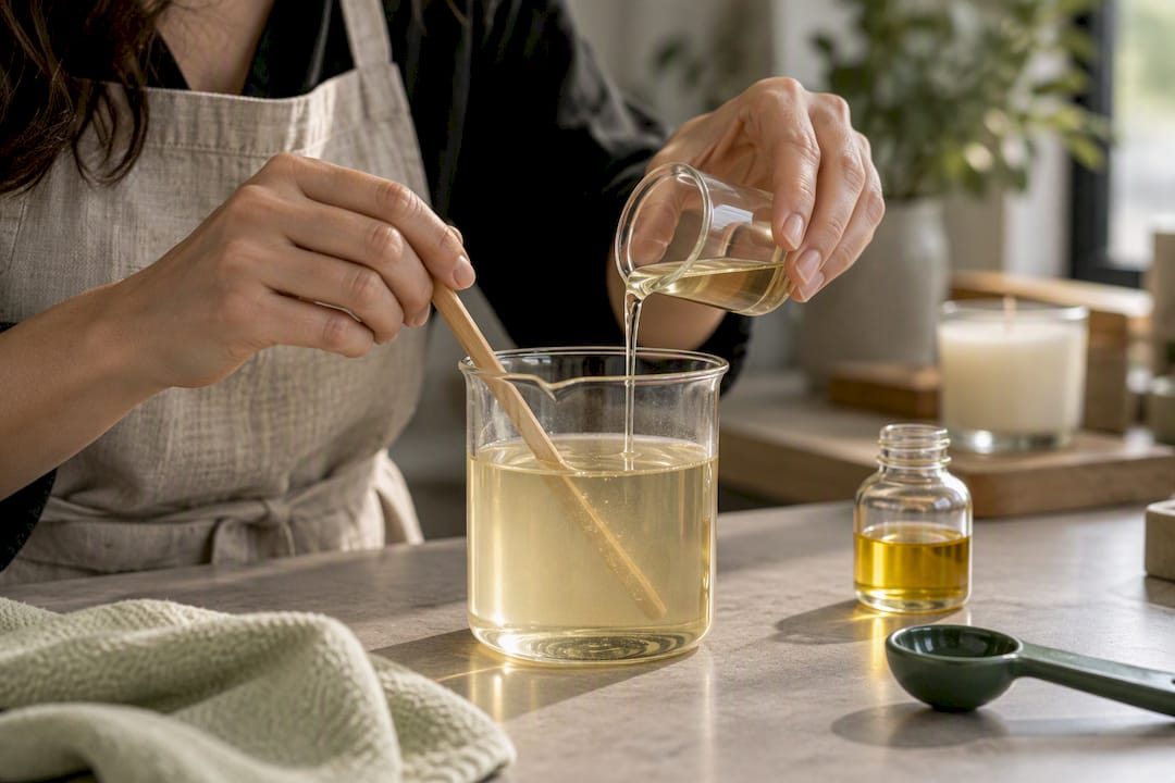 Maker blending fragrance oil into soy wax