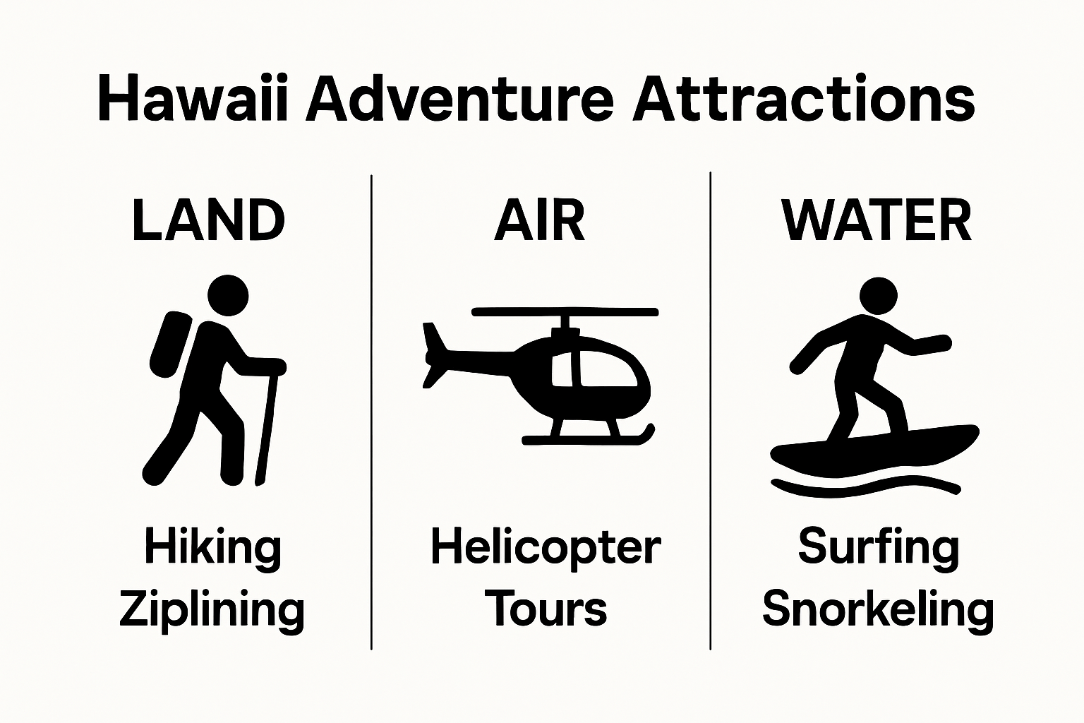 Simple comparison chart of land, air, and water adventure activities in Hawaii