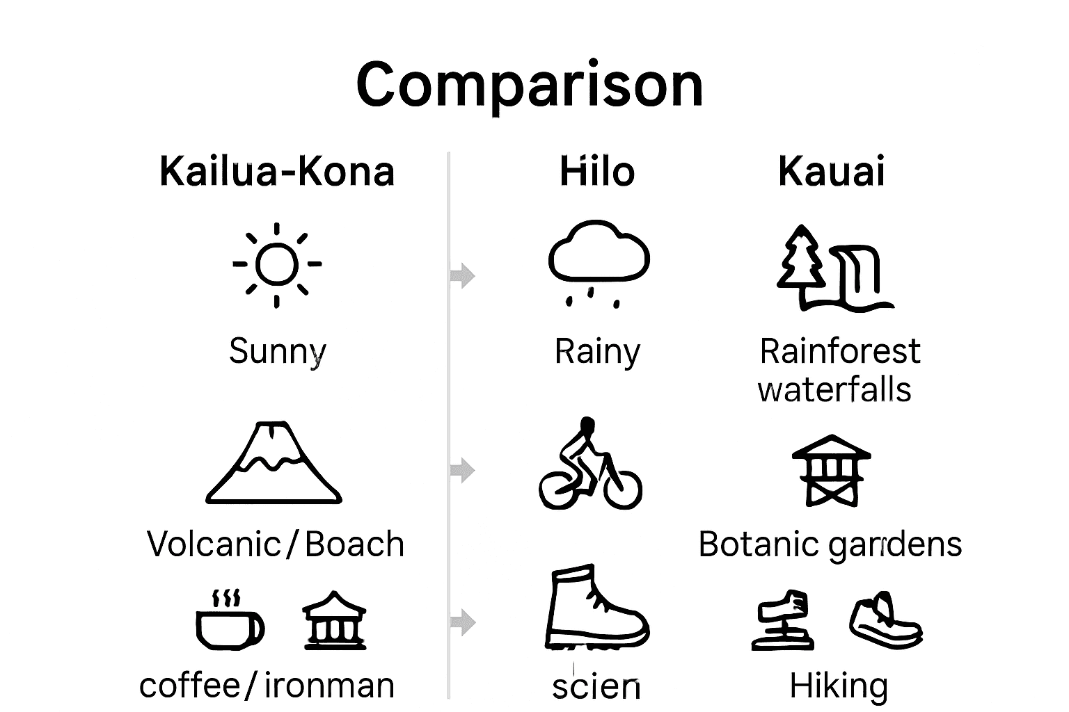 Infographic comparing climate, landscapes, and experiences of Kailua-Kona, Hilo, and Kauai.