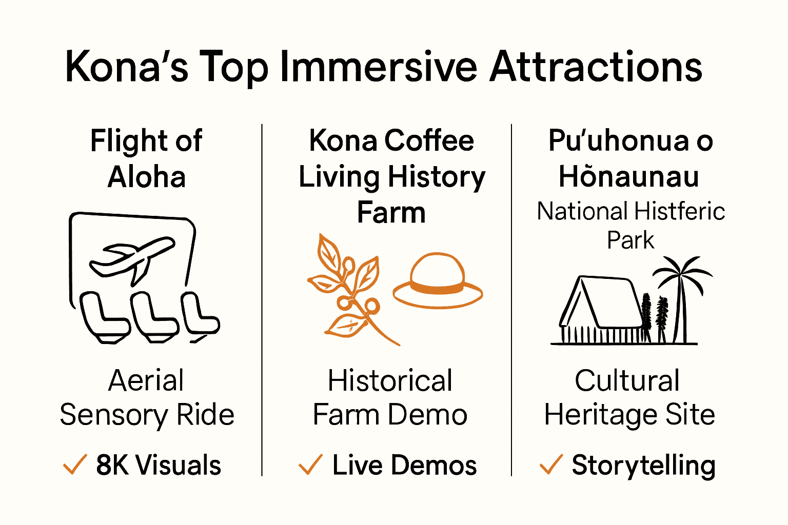 Infographic comparing three major immersive Kona attractions by features and style.