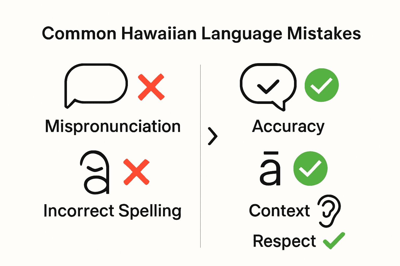 Graphic comparing Hawaiian language mistakes and best practices with icons for pronunciation and diacritical marks.
