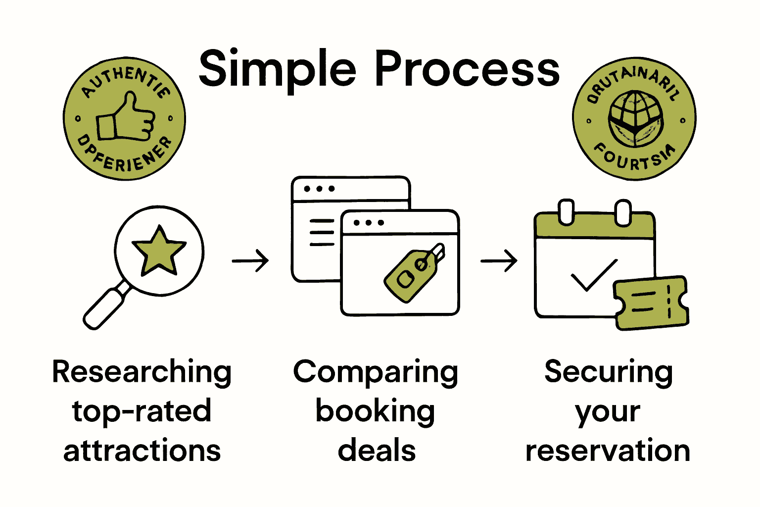Hawaii local attractions booking process visual with three icons and arrows.
