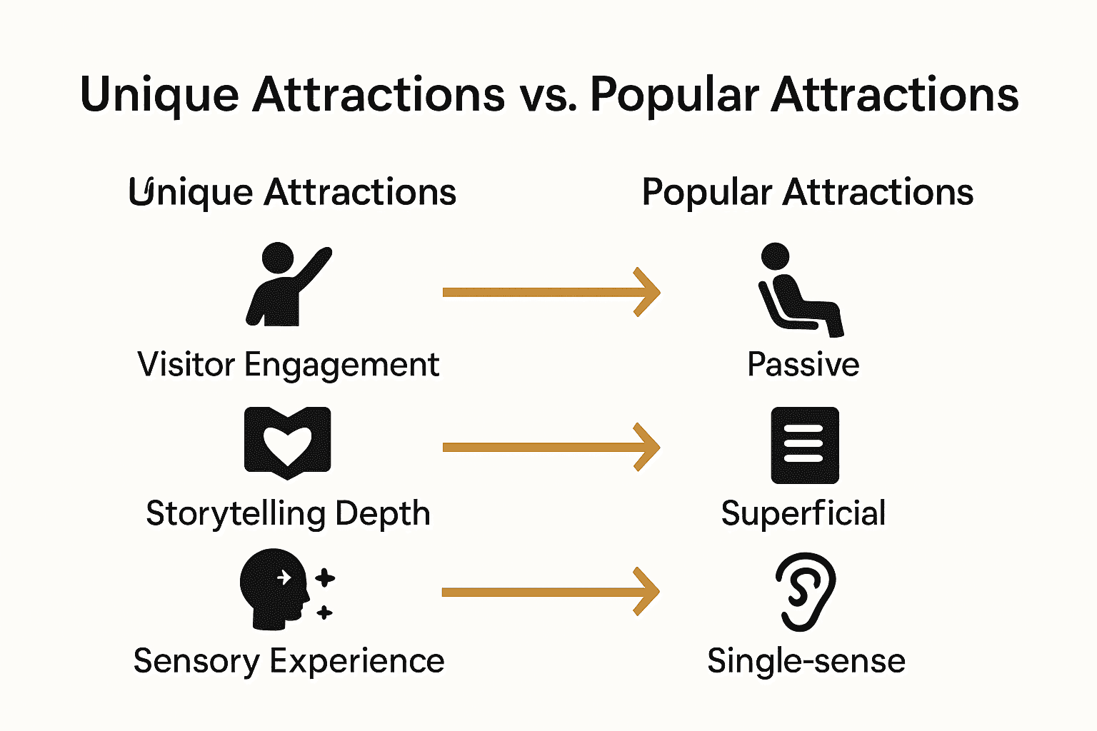 Infographic comparing unique vs popular attractions by engagement, storytelling, and sensory experience.
