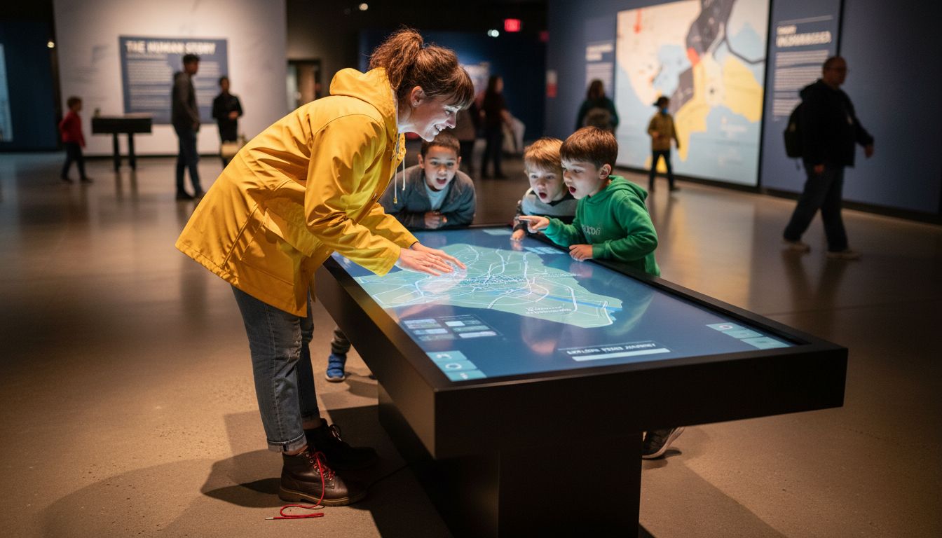 Visitor using touchscreen interactive museum