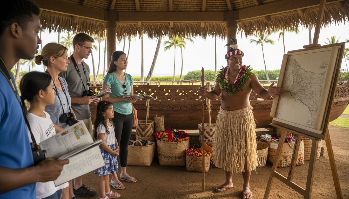 Guide presenting Polynesian Cultural Center exhibit