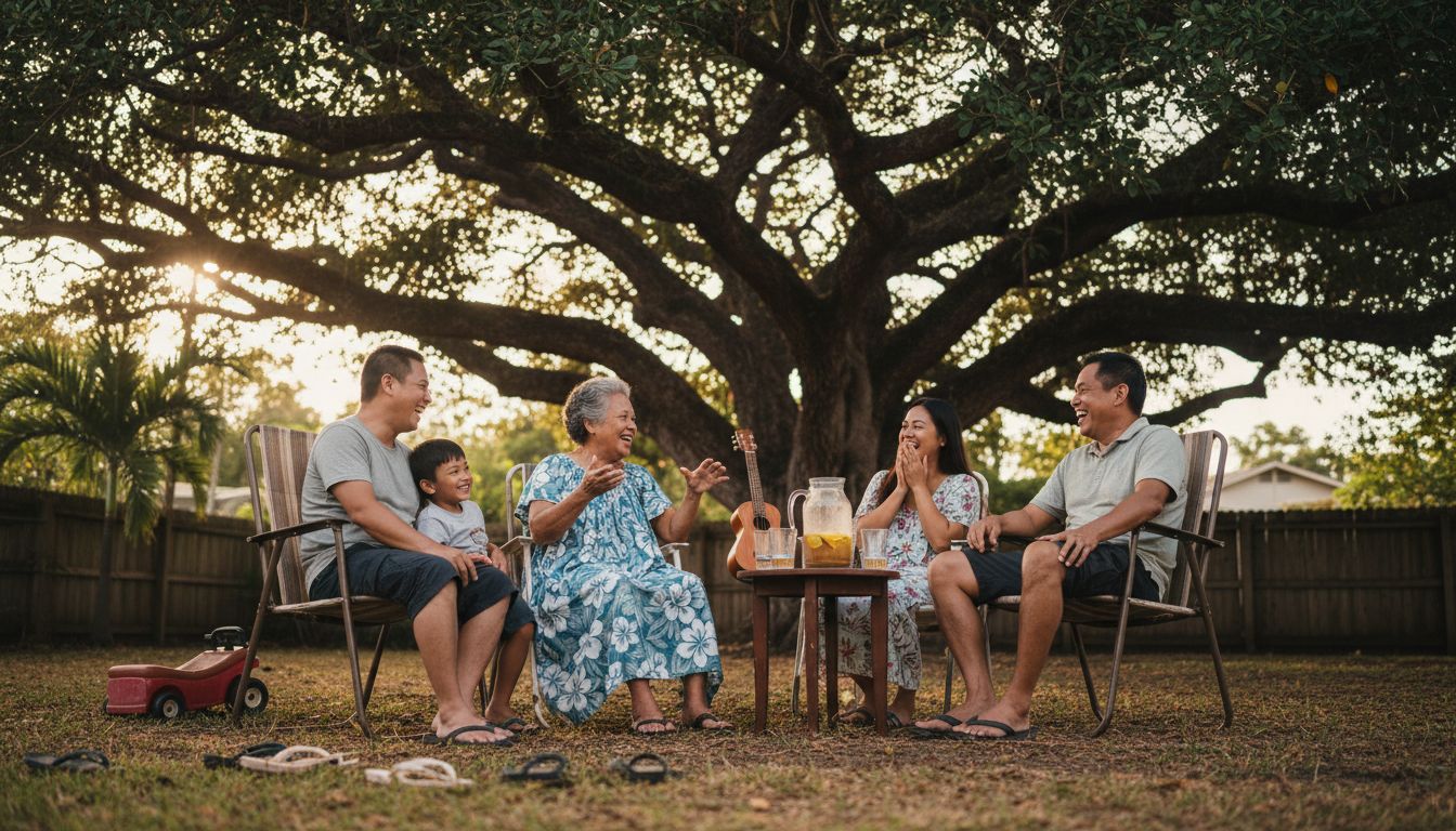 Family enjoying storytelling in backyard