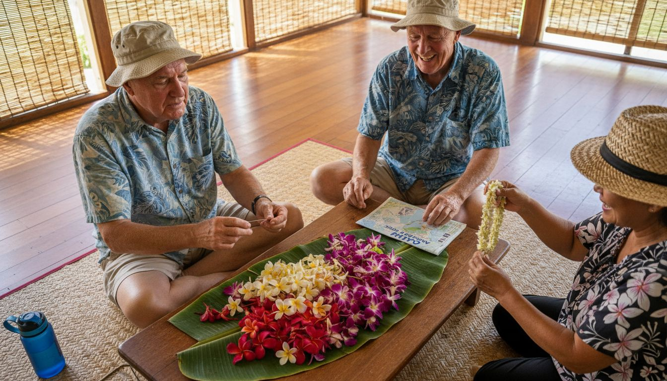 Tourists learning lei-making in Hawaii