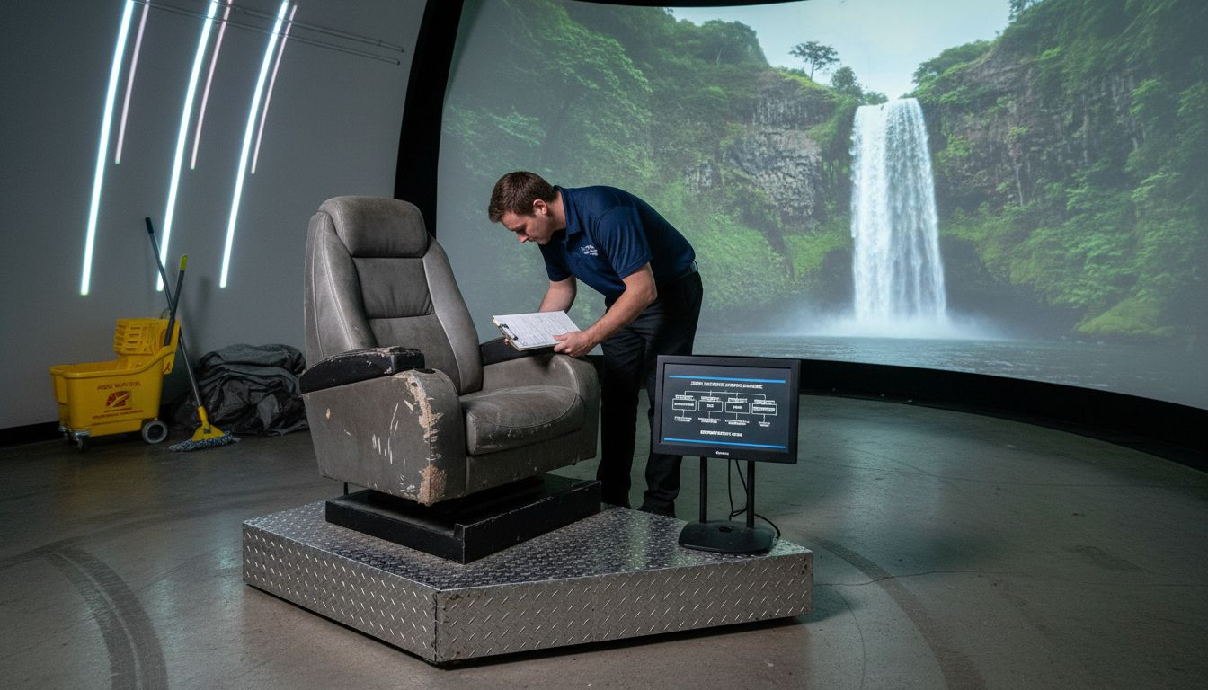 Technician inspects flying theater sensory equipment