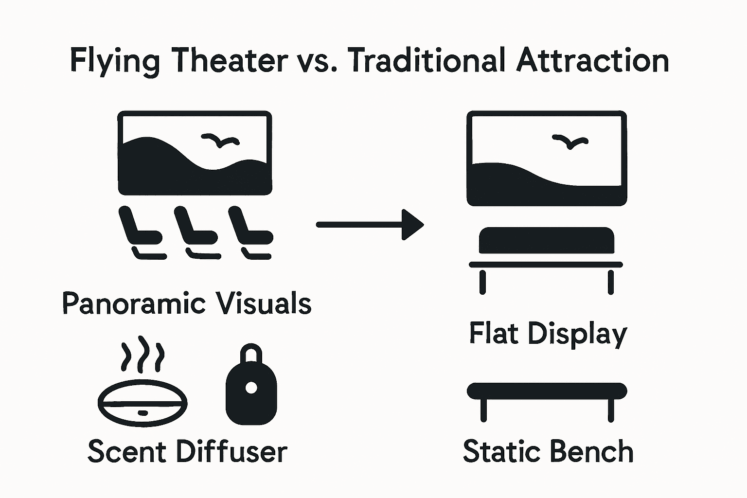 Infographic comparing flying theaters and traditional attractions