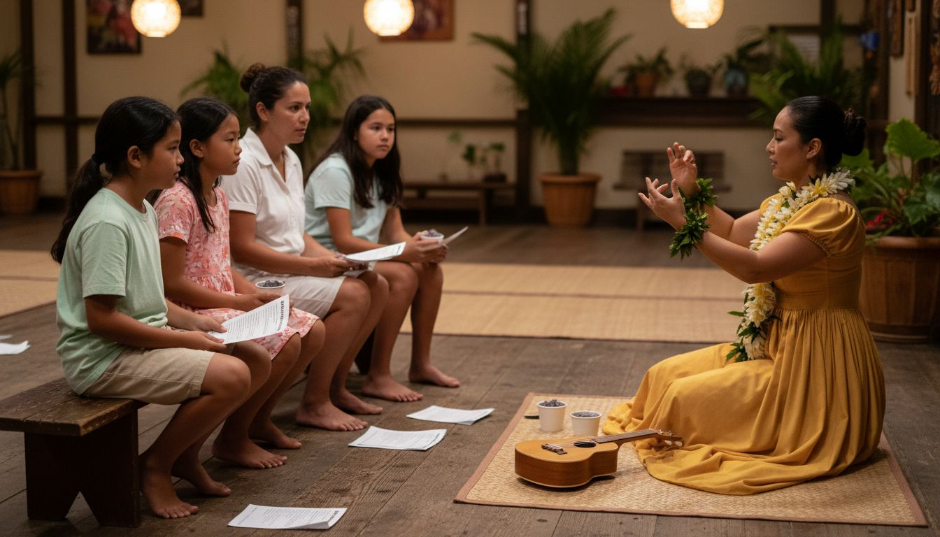 Family watching Hawaiian hula performance