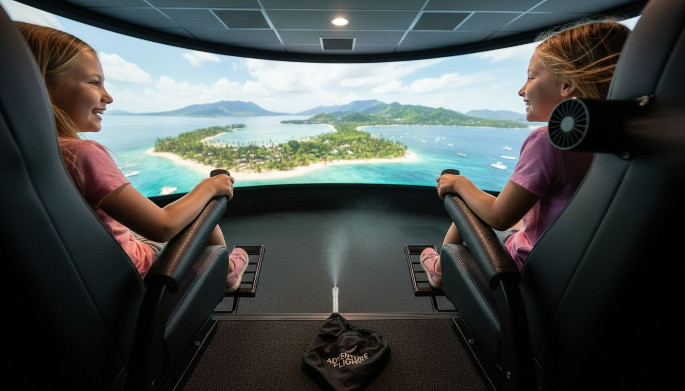 Children enjoying immersive flying theater ride