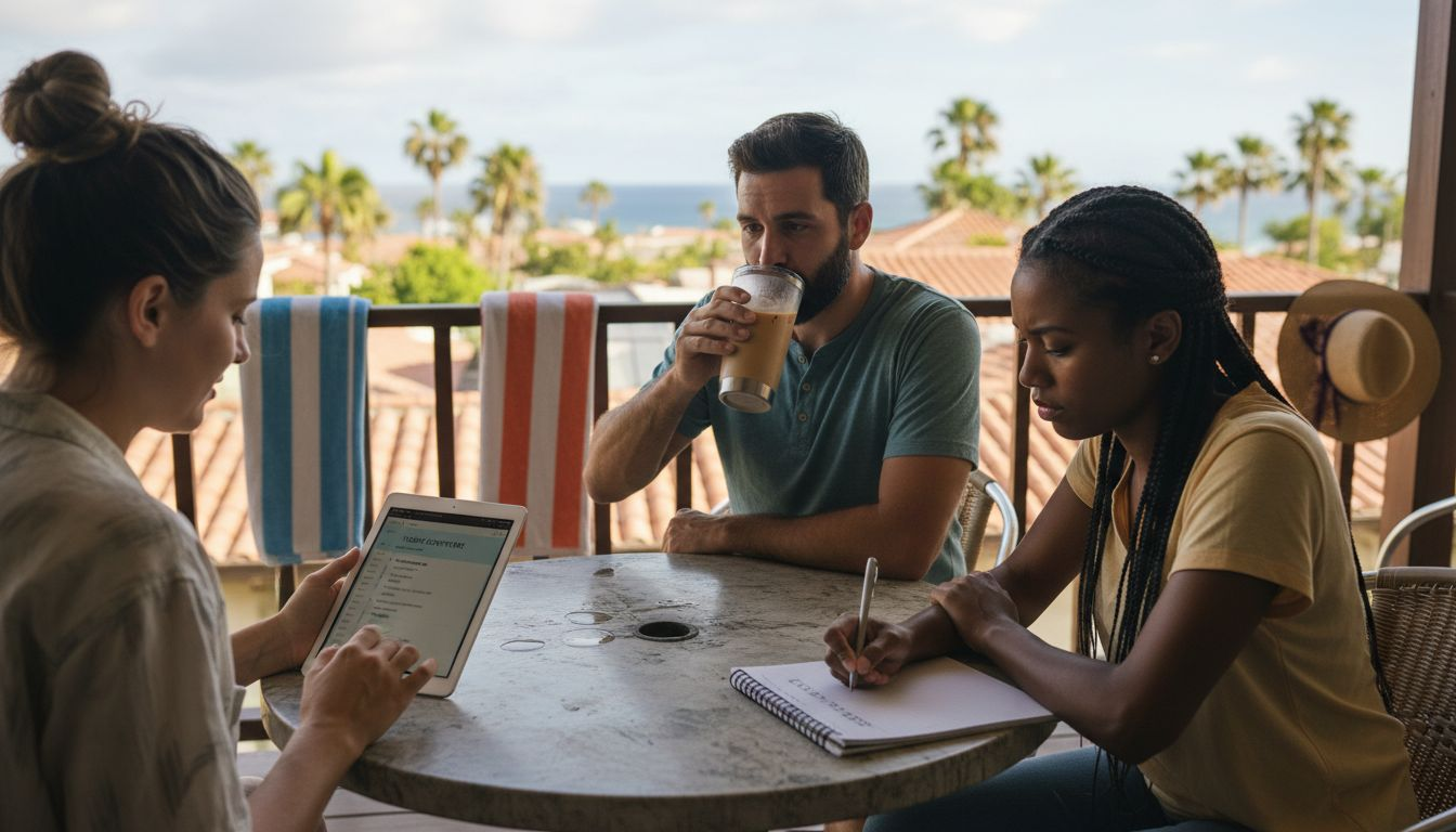 Friends discussing Hawaiian itinerary on balcony