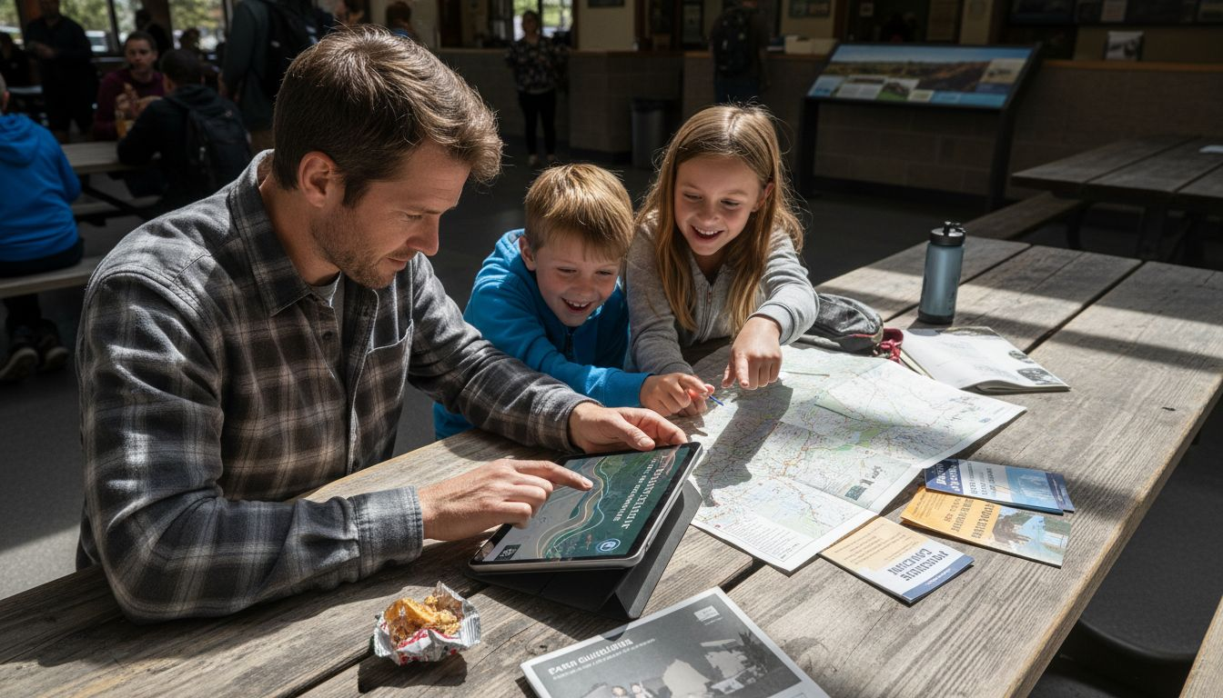 Family using AR travel app at park