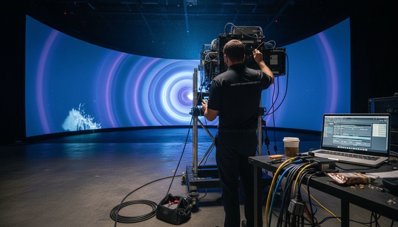 Technician calibrates ride film screen system