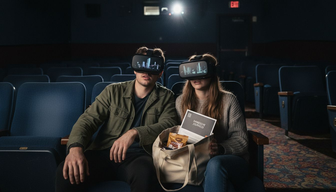 Couple wearing VR headsets in dark theater