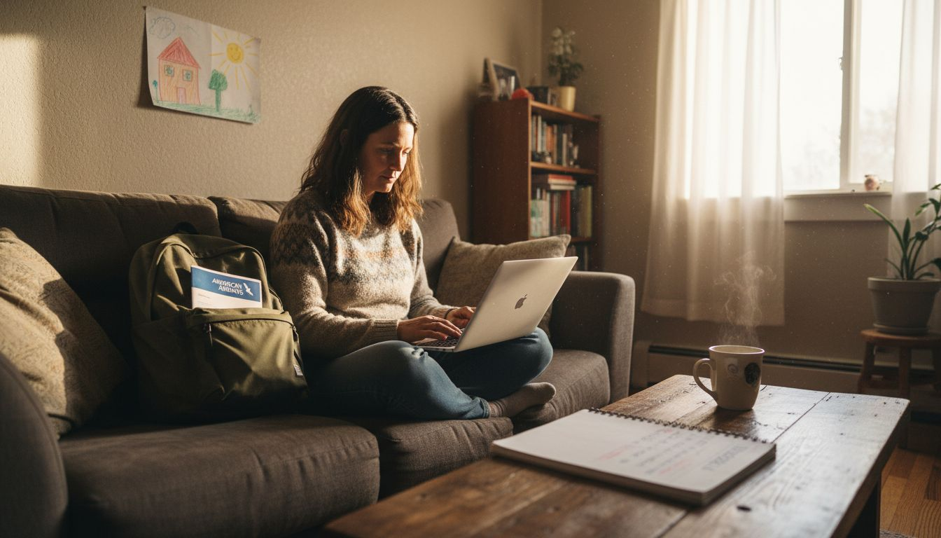 Woman comparing flight prices on laptop