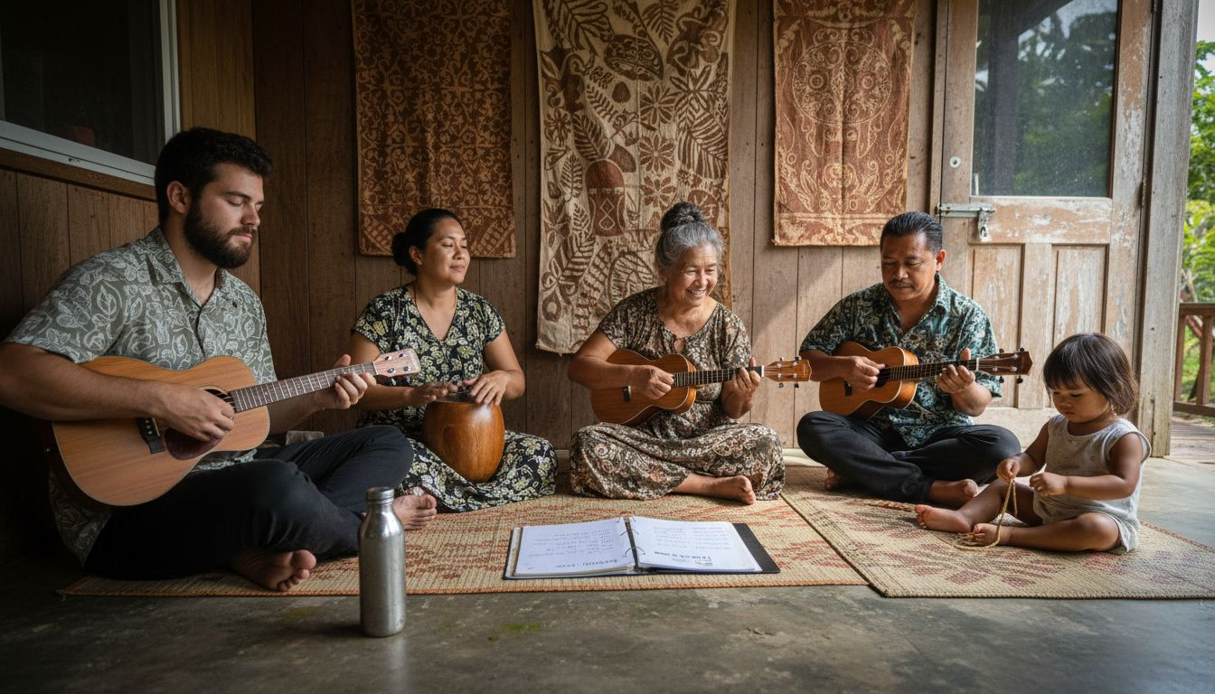 Hawaiian musicians storytelling with instruments
