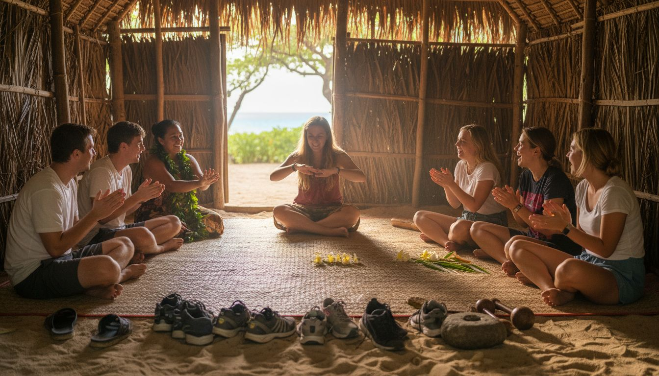 Travelers learning hula in Hawaiian hut