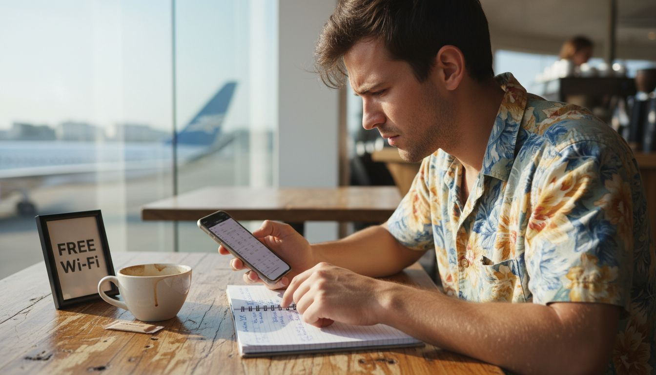 Man comparing Hawaiian flight prices on phone