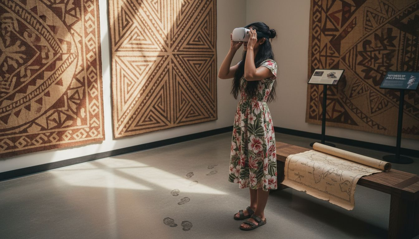 Visitor using VR headset at Hawaiian storytelling exhibit
