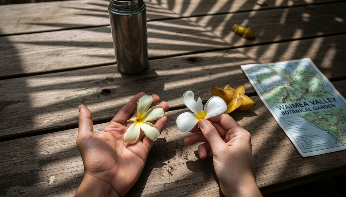 Hands hold mountain and beach Naupaka flowers