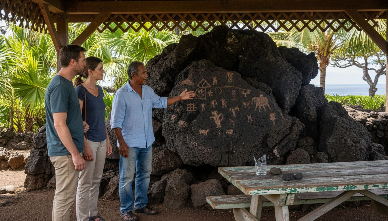 Tourists learning about Hawaiian petroglyphs