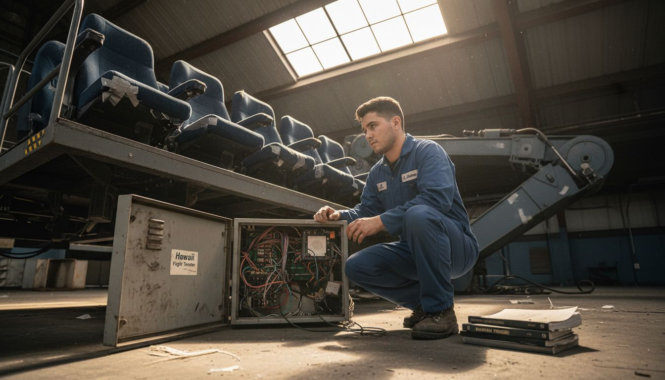 Technician adjusting flying theater simulator platform