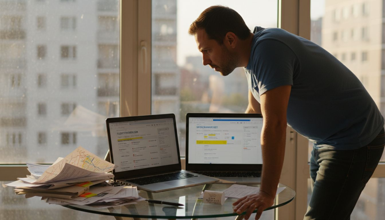 Traveler checking fine print on flight deals