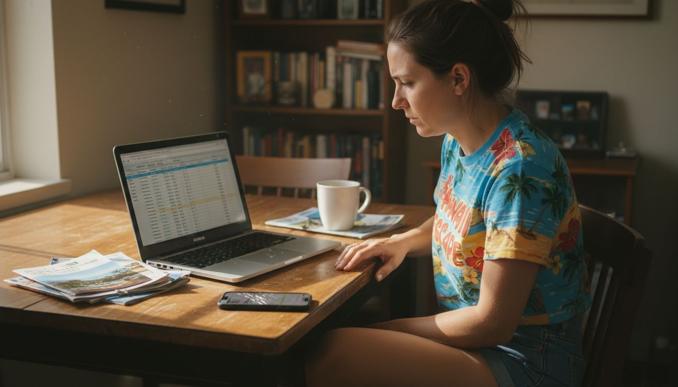 Woman planning Hawaii trip with spreadsheet