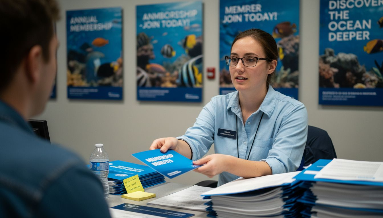 Staff explains membership benefits at aquarium