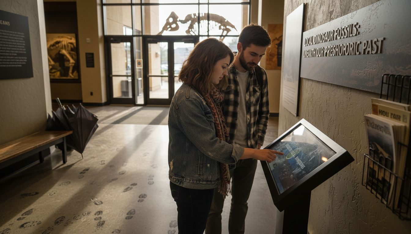 Museum guests interact with touchscreen kiosk