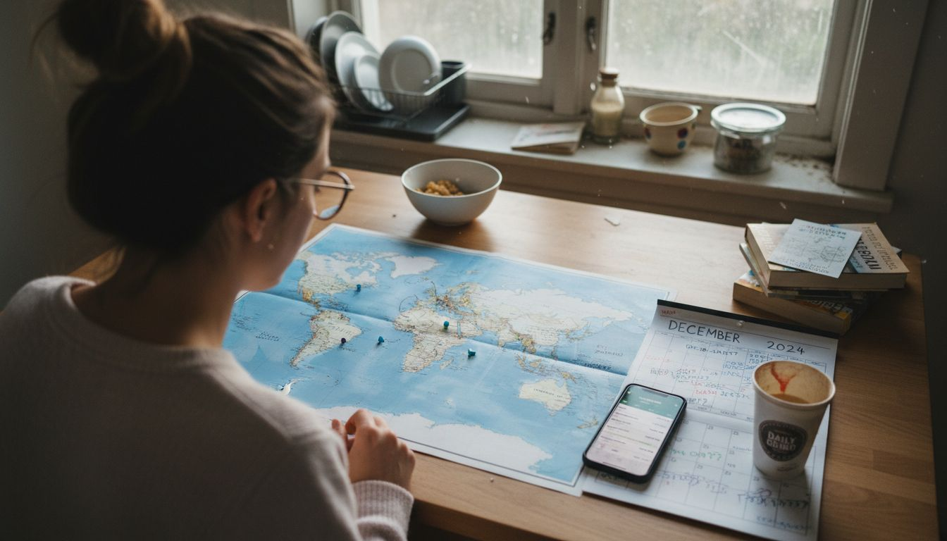 Woman planning flexible travel dates at kitchen table