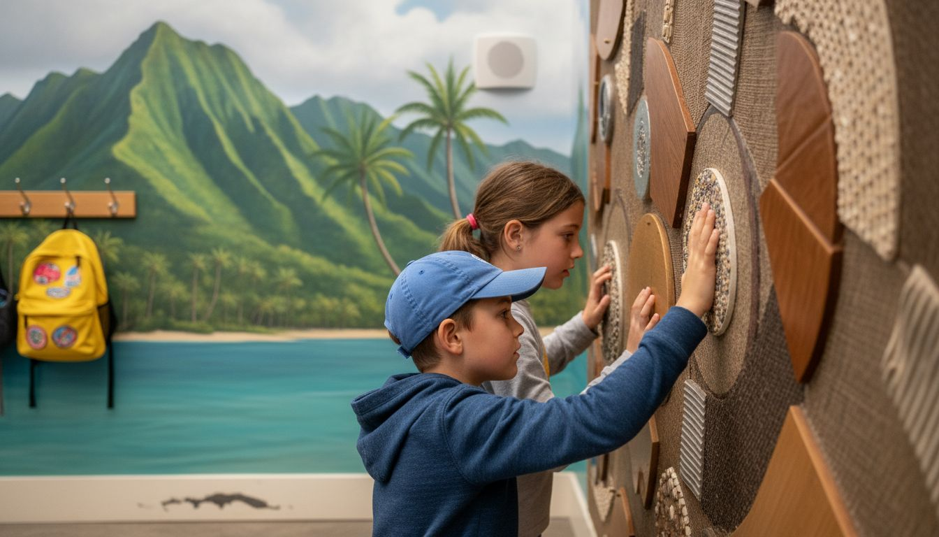 Children engaging with sensory exhibit wall