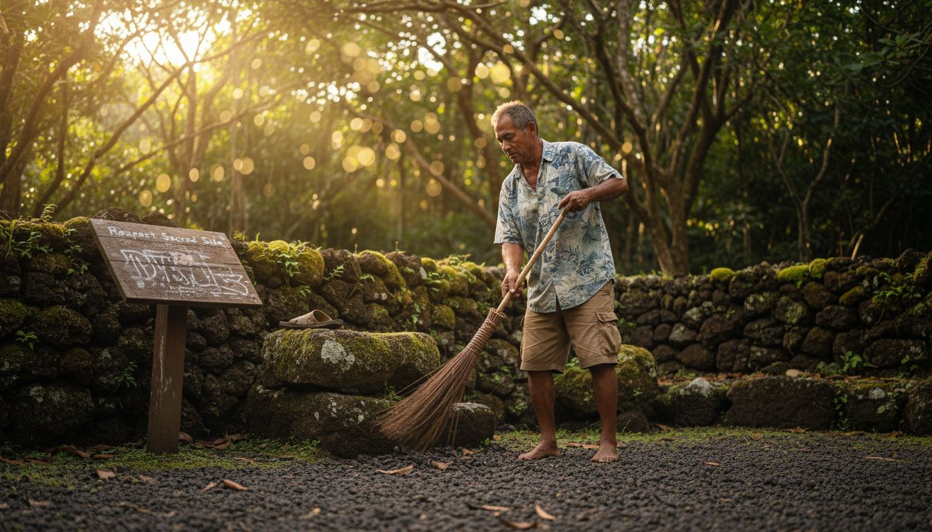 Cultural practitioner caring for Hawaiian heiau site