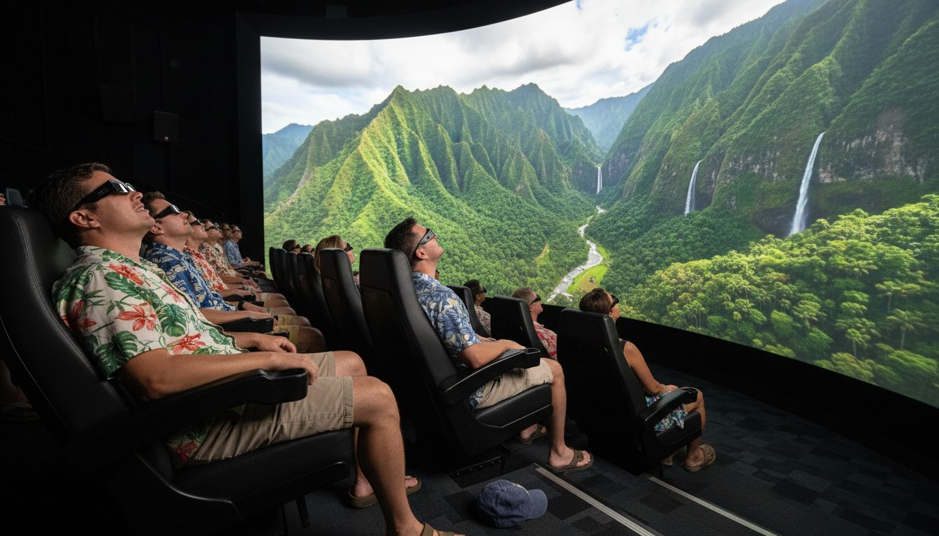 Audience in immersive Hawaiian flying theater
