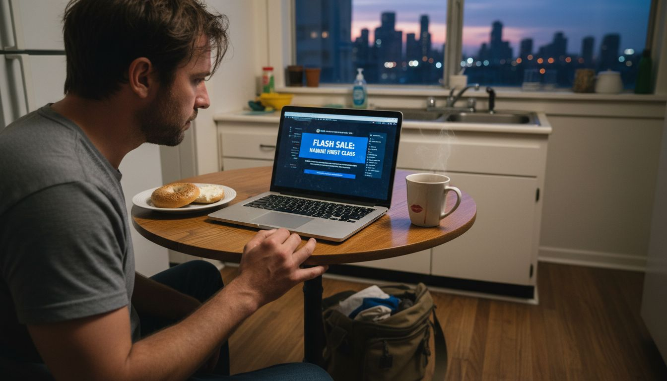 Man searching flash sale airline deals at home