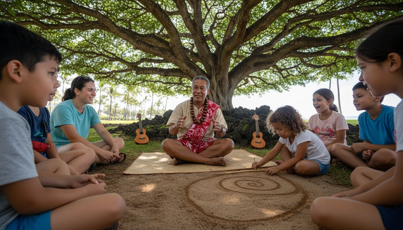 Group listens to Hawaiian storyteller outdoors