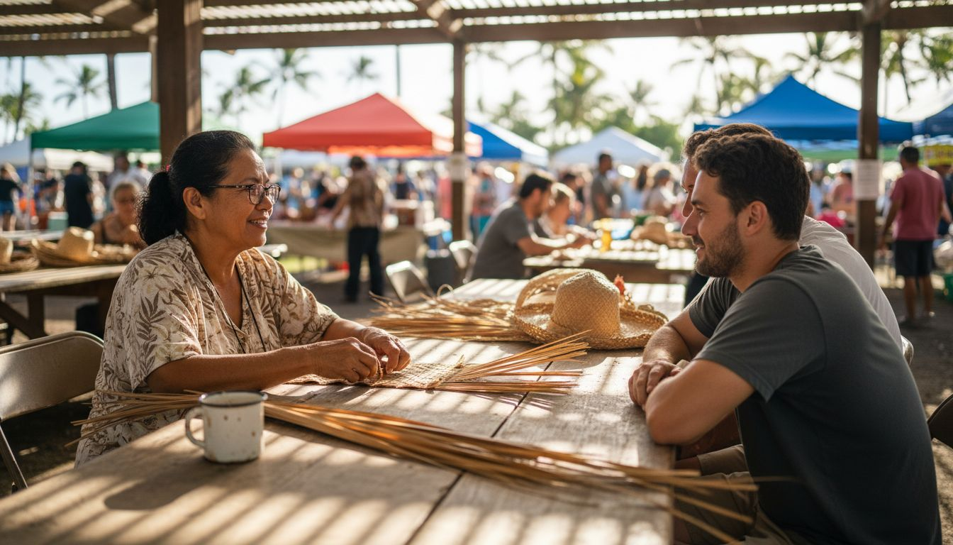 Hawaiian artist weaving at Hilo market