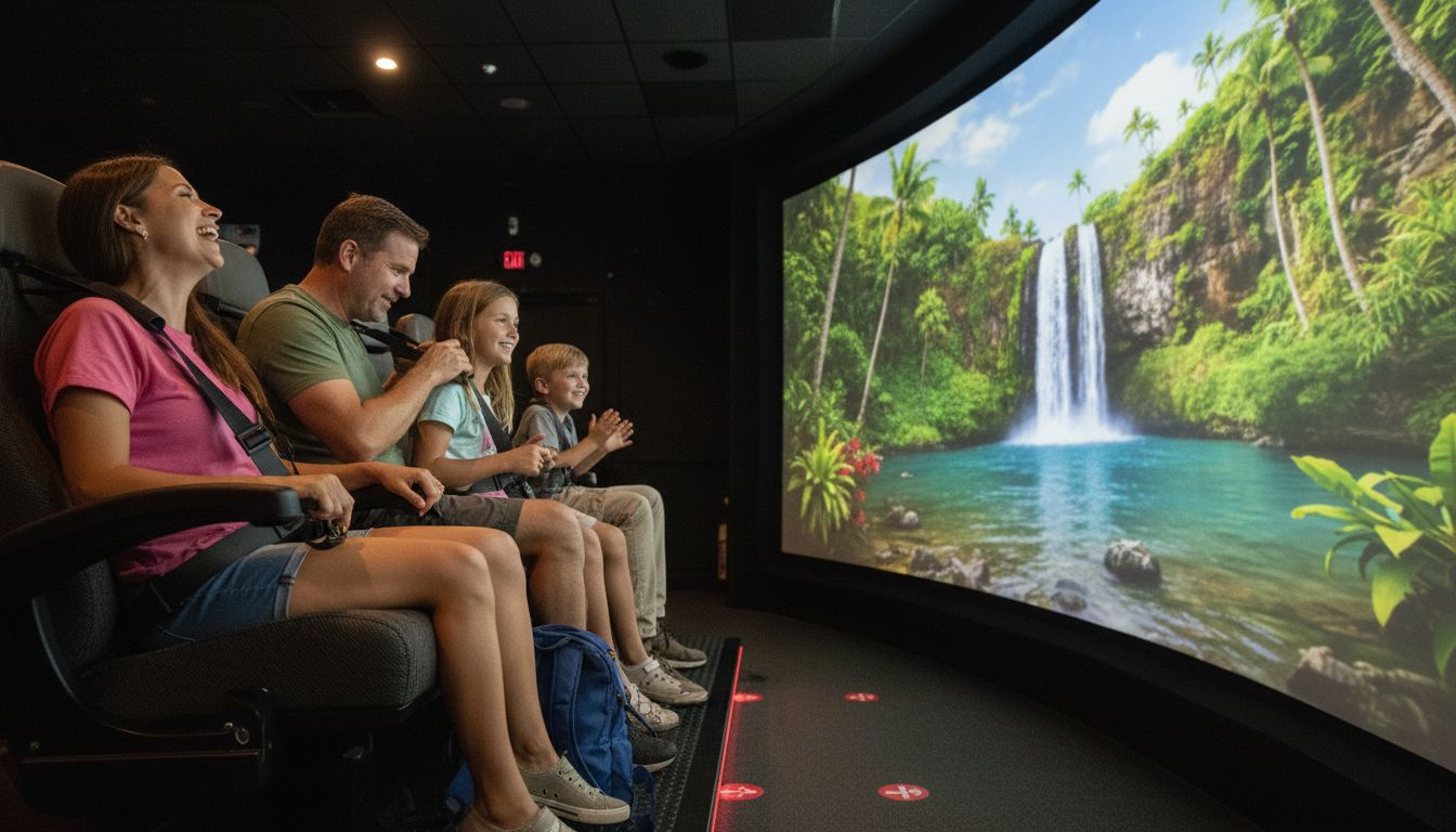 Family seated in flying theater in Hawaii