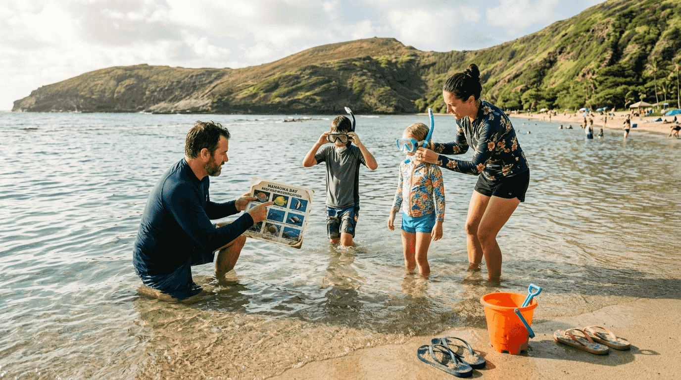 Family preparing to snorkel Hanauma Bay